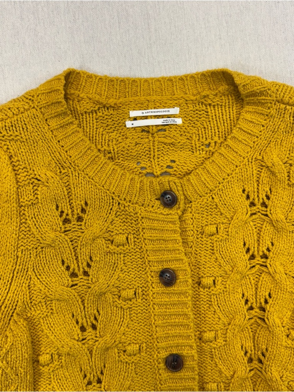 Anthropologie Mustard Yellow Cable Knit Puff Sleeve Cardigan Sweater Sz M - Picture 3 of 15